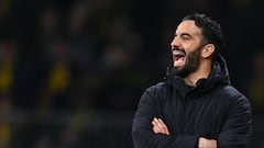 (FILES) Sporting Lisbon's Portuguese coach Ruben Amorim reacts during the UEFA Europa League round of 32 first leg football match between BSC Young Boys and Sporting Lisbon at Wankdorf Stadium in Bern on February 15, 2024. Sporting Lisbon coach Ruben Amorim is the new front-runner with the bookmakers to be Liverpool's next head coach ahead of Brighton manager Roberto De Zerbi and Germany boss Julian Nagelsmann. (Photo by Fabrice COFFRINI / AFP)