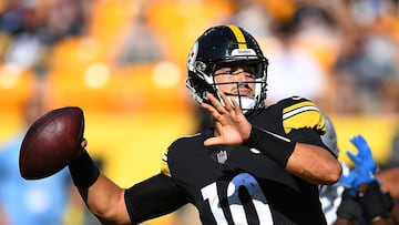 Mitch Trubisky of the Pittsburgh Steelers looks to pass during the first quarter against the Detroit Lions at Acrisure Stadium on August 28, 2022 in Pittsburgh, Pennsylvania.