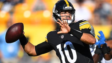Mitch Trubisky of the Pittsburgh Steelers looks to pass during the first quarter against the Detroit Lions at Acrisure Stadium on August 28, 2022 in Pittsburgh, Pennsylvania.