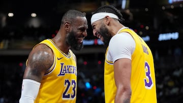 Dec 9, 2023; Las Vegas, Nevada, USA; Los Angeles Lakers forward LeBron James (23) and forward Anthony Davis (3) celebrate after winning the in season tournament championship final against the Indiana Pacers at T-Mobile Arena. Mandatory Credit: Kyle Terada-USA TODAY Sports TPX IMAGES OF THE DAY