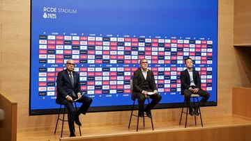 Xavier Andreu, Fran Garagarza y Mao Ye Wu, este martes, en el RCDE Stadium.