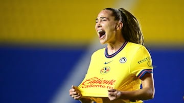 Irene Guerrero celebrates her goal 3-2 of America during the 8th round match between America and Monterrey as part of the Torneo Clausura 2025 Liga MX Femenil at Ciudad de los Deportes Stadium on February 08, 2025 in Mexico City Mexico.