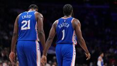 PHILADELPHIA, PA - JANUARY 10: Joel Embiid #21 and James Harden #1 of the Philadelphia 76ers walk up the court against the Detroit Pistons at the Wells Fargo Center on January 10, 2023 in Philadelphia, Pennsylvania. NOTE TO USER: User expressly acknowledges and agrees that, by downloading and or using this photograph, User is consenting to the terms and conditions of the Getty Images License Agreement. (Photo by Mitchell Leff/Getty Images)