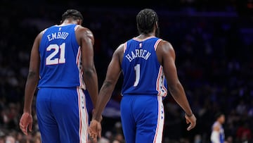 PHILADELPHIA, PA - JANUARY 10: Joel Embiid #21 and James Harden #1 of the Philadelphia 76ers walk up the court against the Detroit Pistons at the Wells Fargo Center on January 10, 2023 in Philadelphia, Pennsylvania. NOTE TO USER: User expressly acknowledges and agrees that, by downloading and or using this photograph, User is consenting to the terms and conditions of the Getty Images License Agreement. (Photo by Mitchell Leff/Getty Images)