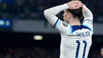 Jack Grealish of England looks dejected during the UEFA Euro 2024 Qualifiers match between Italy and England at Stadio Diego Armando Maradona on 23 March, 2023 in Naples, Italy. (Photo by Giuseppe Maffia/NurPhoto via Getty Images)