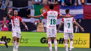 Jul 29, 2023; Charlotte, NC, USA; Necaxa defender Alfredo Gutierrez (18) reacts after an offsides call on his goal shot against Charlotte FC during the first half at Bank of America Stadium. Mandatory Credit: Jim Dedmon-USA TODAY Sports