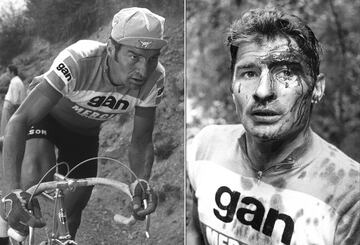 Poulidor  tras su caida en el Tour 1968. El 14 de julio, Día Nacional de Francia, en la etapa con llegada en Albi, una moto de prensa provocó un accidente en cadena que golpeó en la rueda Poulidor y acabó con el francés en el asfalto sufriendo heridas en el rostro, codos y rodillas.