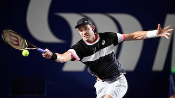 Chile's Nicolas Jarry plays a forehand return to Greece's Stefanos Tsitsipas during their Mexico ATP Open 250 men's singles quarter-final tennis match at Cabo Sports Complex in Los Cabos, Baja California, Mexico, on August 3, 2023. (Photo by ALFREDO ESTRELLA / AFP)