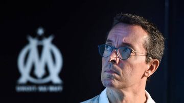 (FILES) In this file photo taken on September 04, 2019 Olympique de Marseille's French president Jacques-Henri Eyraud speaks during a press conference at the Robert-Louis Dreyfus training centre in Marseille, southern France. (Photo by Boris HORVAT