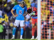 Gonzalo Piovi and Kevin Mier of Cruz Azul during the Semi-Final second leg match between America and Cruz Azul as part of the Liga BBVA MX, Torneo Clausura 2025 at Ciudad de los Deportes Stadium on May 18, 2025 in Mexico City, Mexico.