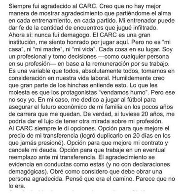 La carta de Fernando Zampedri que expone a Rosario Central