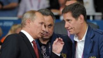 El presidente de Rusia, Vladimir Putin; el ministro de Deportes, Vitali Mutko, y el presidente del Comité Olímpico Ruso, Alexander Zhukov.