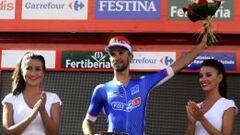 Nacer Bouhanni celebrando la victoria en esta segunda etapa de la Vuelta a Espa&ntilde;a 2014.