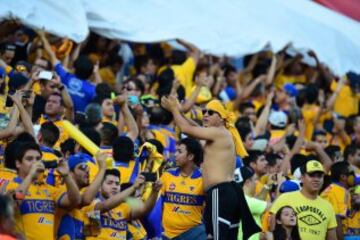 Fans of Mexico's Tigres cheer for their team before the start of their Copa Libertadores first leg final against Argentina's River Plate at the University stadium in Monterrey, Mexico on July 29, 2015.   AFP PHOTO/ RONALDO SCHEMIDT