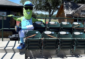 La mascota de los Portland Gherkins Lil P se sienta en las gradas durante el partido de la Liga Universitaria de béisbol contra el Gresham GreyWolves en Aurora, Oregon. El pobre animador presencia el encuentro en solitario, por la ausencia de aficionados por las medidas de la pandemia.