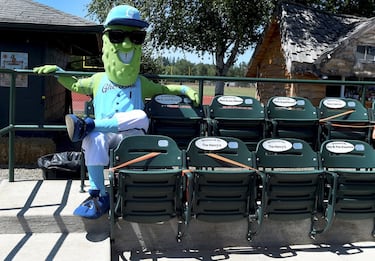 La mascota de los Portland Gherkins Lil P se sienta en las gradas durante el partido de la Liga Universitaria de béisbol contra el Gresham GreyWolves en Aurora, Oregon. El pobre animador presencia el encuentro en solitario, por la ausencia de aficionados por las medidas de la pandemia.