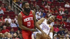 Oct 28, 2019; Houston, TX, USA; Houston Rockets guard James Harden (13) is called for a foul against Oklahoma City Thunder guard Chris Paul (3) on a play during the fourth quarter at Toyota Center. Mandatory Credit: Troy Taormina-USA TODAY Sports