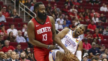 Oct 28, 2019; Houston, TX, USA; Houston Rockets guard James Harden (13) is called for a foul against Oklahoma City Thunder guard Chris Paul (3) on a play during the fourth quarter at Toyota Center. Mandatory Credit: Troy Taormina-USA TODAY Sports