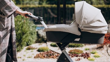 Young mother walking with baby carriage in park
