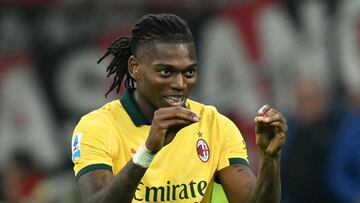 AC Milan's Portuguese forward #10 Rafael Leao celebrates scoring his team's first goal during the Italian Serie A football match between AC Milan and Fiorentina at San Siro stadium in Milan, northern Italy, on October 19, 2025. (Photo by Stefano RELLANDINI / AFP)