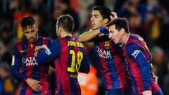 Lionel Messi, Neymar, Alba y Su&aacute;rez celebran en Barcelona. 