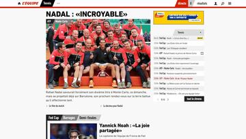 El diario L&acute;&Eacute;quipe recogi&oacute; en su edici&oacute;n digital el triunfo de Rafa Nadal en el Masters 1.000 de Montecarlo, donde logr&oacute; su d&eacute;cimo t&iacute;tulo.