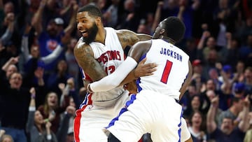AUBURN HILLS, MI - JANUARY 21: Marcus Morris #13 of the Detroit Pistons celebrates his buzzer beating game winning shot with Reggie Jackson #1 to beat the Washington Wizards 113-112 at the Palace of Auburn Hills on January 21, 2017 in Auburn Hills, Michigan. NOTE TO USER: User expressly acknowledges and agrees that, by downloading and or using this photograph, User is consenting to the terms and conditions of the Getty Images License Agreement. Gregory Shamus/Getty Images/AFP
== FOR NEWSPAPERS, INTERNET, TELCOS & TELEVISION USE ONLY ==