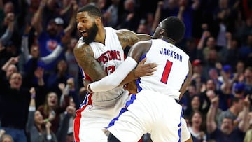 AUBURN HILLS, MI - JANUARY 21: Marcus Morris #13 of the Detroit Pistons celebrates his buzzer beating game winning shot with Reggie Jackson #1 to beat the Washington Wizards 113-112 at the Palace of Auburn Hills on January 21, 2017 in Auburn Hills, Michigan. NOTE TO USER: User expressly acknowledges and agrees that, by downloading and or using this photograph, User is consenting to the terms and conditions of the Getty Images License Agreement.   Gregory Shamus/Getty Images/AFP
 == FOR NEWSPAPERS, INTERNET, TELCOS &amp; TELEVISION USE ONLY ==