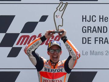 Motorcycling - MotoGP - French Grand Prix - Bugatti Circuit, Le Mans, France - May 20, 2018   Repsol Honda Team&#039;s Marc Marquez celebrates with a trophy after winning the race   REUTERS/Gonzalo Fuentes