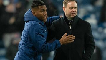 GLASGOW, SCOTLAND - DECEMBER 15: Rangers manager Michael Beale and Alfredo Morelos at full time during a cinch Premiership match between Rangers and Hibernian at Ibrox Stadium, on December 15, 2022, in Glasgow, Scotland. (Photo by Craig Foy/SNS Group via Getty Images)