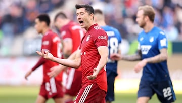 SINSHEIM, GERMANY - MARCH 12: Robert Lewandowski of FC Bayern Muenchen reacts during the Bundesliga match between TSG Hoffenheim and FC Bayern M&Atilde;&Acirc;&frac14;nchen at PreZero-Arena on March 12, 2022 in Sinsheim, Germany. (Photo by Alex Grimm/Get