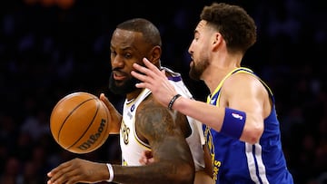 LeBron James #6 of the Los Angeles Lakers drives to the basket on Klay Thompson #11 of the Golden State Warriors during the first half in game three of the Western Conference Semifinal Playoffs at Crypto.com Arena on May 06, 2023 in Los Angeles, California. NOTE TO USER: User expressly acknowledges and agrees that, by downloading and or using this photograph, User is consenting to the terms and conditions of the Getty Images License Agreement.   Ronald Martinez/Getty Images/AFP (Photo by RONALD MARTINEZ / GETTY IMAGES NORTH AMERICA / Getty Images via AFP)