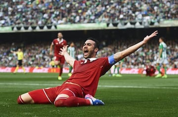 Iborra celebrates his winning goal for Sevilla in Saturday's derby clash.