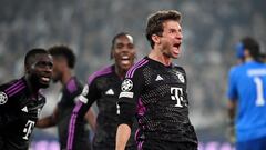 Bayern Munich's German forward #25 Thomas Mueller celebrates after the 1-2 goal during the UEFA Champions League Group A football match between FC Copenhagen and FC Bayern Munich in Copenhagen, Denmark on October 3, 2023. (Photo by Sergei GAPON / AFP)