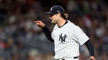 NEW YORK, NEW YORK - SEPTEMBER 23: Gerrit Cole #45 of the New York Yankees argues with the umpire in the sixth inning after a ball was called and the very next pitch Alex Verdugo of the Boston Red Sox hit a 3 run home run at Yankee Stadium on September 23, 2022 in the Bronx borough of New York City.   Elsa/Getty Images/AFP