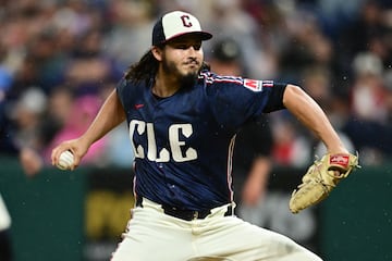 Cleveland Guardians relief pitcher Eli Morgan (49) throws a pitch during the fifth inning against the Houston Astros 