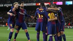 Soccer Football - La Liga Santander - FC Barcelona vs Leganes - Camp Nou, Barcelona, Spain - April 7, 2018   Barcelona&#039;s Lionel Messi celebrates with Ivan Rakitic, Andre Gomes and team mates after scoring their third goal and completing his hat-trick