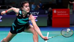 Saarbruecken (Germany), 10/04/2024.- Carolina Marin of Spain in action during her women's round of 32 match against Rachel Sugden of Scotland at the Badminton European Championships in Saarbruecken, Germany, 10 April 2024. (Alemania, España) EFE/EPA/RONALD WITTEK
