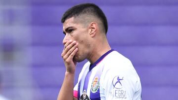 VALLADOLID, SPAIN - MAY 02: Lucas Olaza of Real Valladolid reacts during the La Liga Santander match between Real Valladolid CF and Real Betis at Estadio Municipal Jose Zorrilla on May 02, 2021 in Valladolid, Spain. Sporting stadiums around Spain remain u