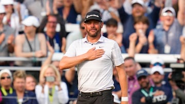 May 21, 2023; Rochester, New York, USA; Michael Block anckolwedges the fans on the 18th green during the final round of the PGA Championship golf tournament at Oak Hill Country Club. Mandatory Credit: Aaron Doster-USA TODAY Sports