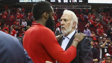 May 11, 2017; Houston, TX, USA; Houston Rockets guard James Harden (13) talks with San Antonio Spurs head coach Gregg Popovich (R) after game six of the second round of the 2017 NBA Playoffs at Toyota Center. Mandatory Credit: Troy Taormina-USA TODAY Sports