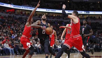 Dec 14, 2019; Chicago, IL, USA; LA Clippers forward Paul George (13) drives to the basket against the Chicago Bulls during the second half at United Center. Mandatory Credit: Kamil Krzaczynski-USA TODAY Sports