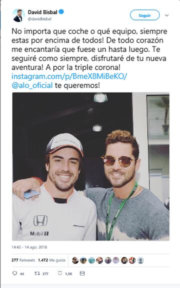 El cantante David Bisbal, se declara fiel seguidor del piloto de F¨®rmula 1 en su futuro.