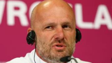 WROCLAW, POLAND - JUNE 15: In this handout image provided by UEFA, Czech Republic coach Michal Bilek talks to the media during a UEFA EURO 2012 press conference ahead of the UEFA EURO 2012 Group A match between Czech Republic and Poland on June 15, 2012 in Wroclaw, Poland. (Photo by Handout/UEFA via Getty Images)