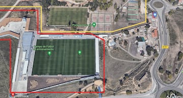 La actual Instalación Deportiva Butarque. En rojo, el centro de entrenamiento del primer equipo. En amarillo, la parte que comprendería una hipotética ampliación. 