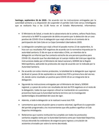 Comunicado: "Colo Colo ha cumplido con todo el protocolo"