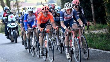 Italian Matteo Trentin (C,L)  of CCC Team and Danish Mads Pedersen (C,R) of Trek-Segafredo ride during the Gent-Wevelgem - In Flanders Fields one day cycling race, 232,5 km, on October 11, 2020, in Wevelgem. (Photo by DIRK WAEM / BELGA / AFP) / Belgium OUT