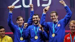 JJPANA1863. LIMA (PER&Uacute;), 31/07/2019.- El equipo de EEUU, ganador del oro, posa tras la final de squash por equipos este mi&eacute;rcoles en los Juegos Panamericanos 2019, que se realizan en Lima (Per&uacute;). EFE/ Christian Ugarte