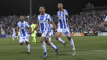 Óscar Rodríguez celebra el gol que le hizo al Barça en su debut en Primera con el Leganés. 