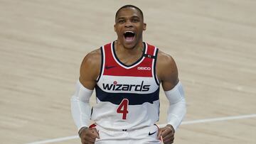 Washington Wizards guard Russell Westbrook (4) shouts before an NBA basketball game against the Oklahoma City Thunder, Friday, April 23, 2021, in Oklahoma City. (AP Photo/Sue Ogrocki)